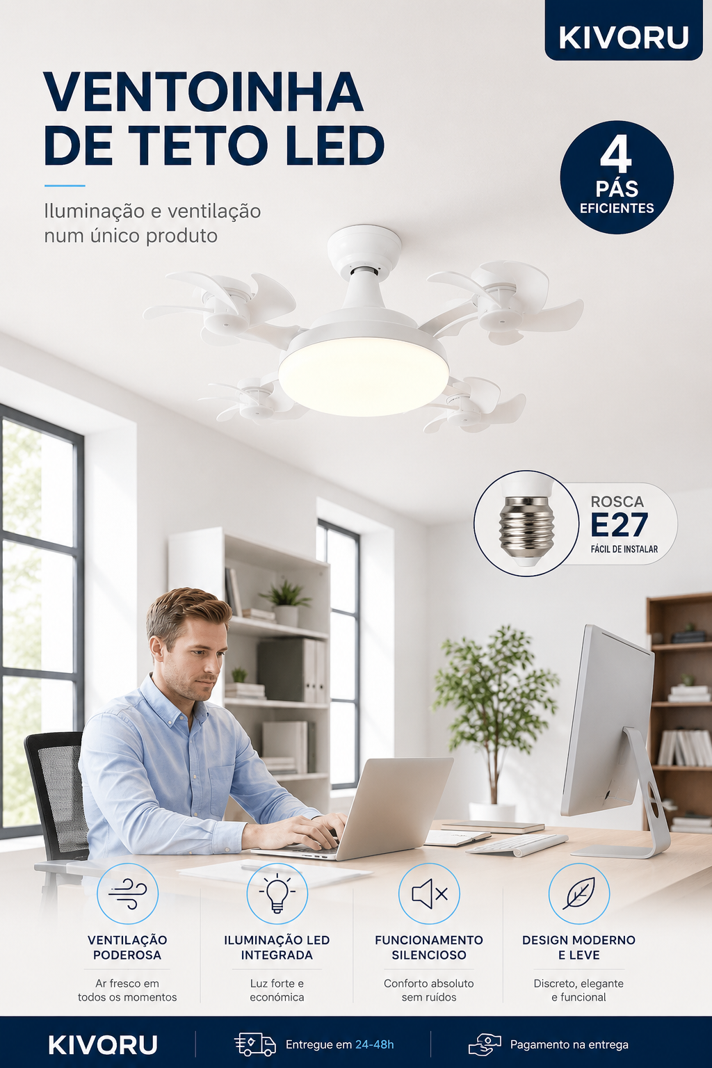Ventilador de Teto com Luz LED e Comando