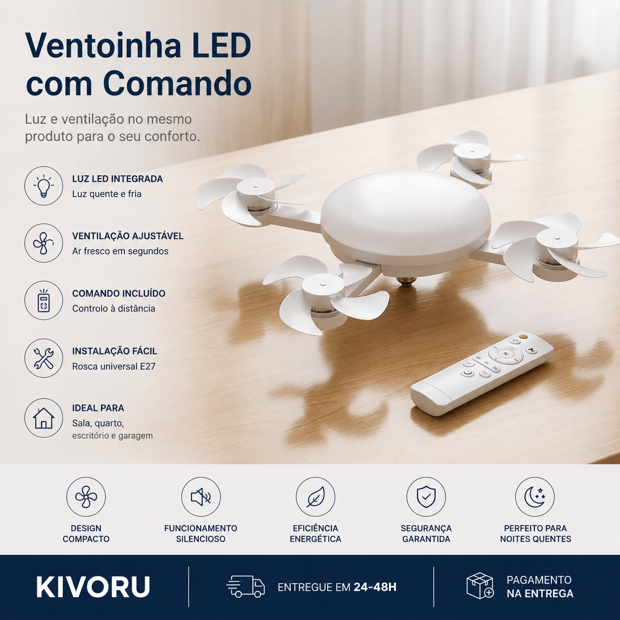 Ventilador de Teto com Luz LED e Comando