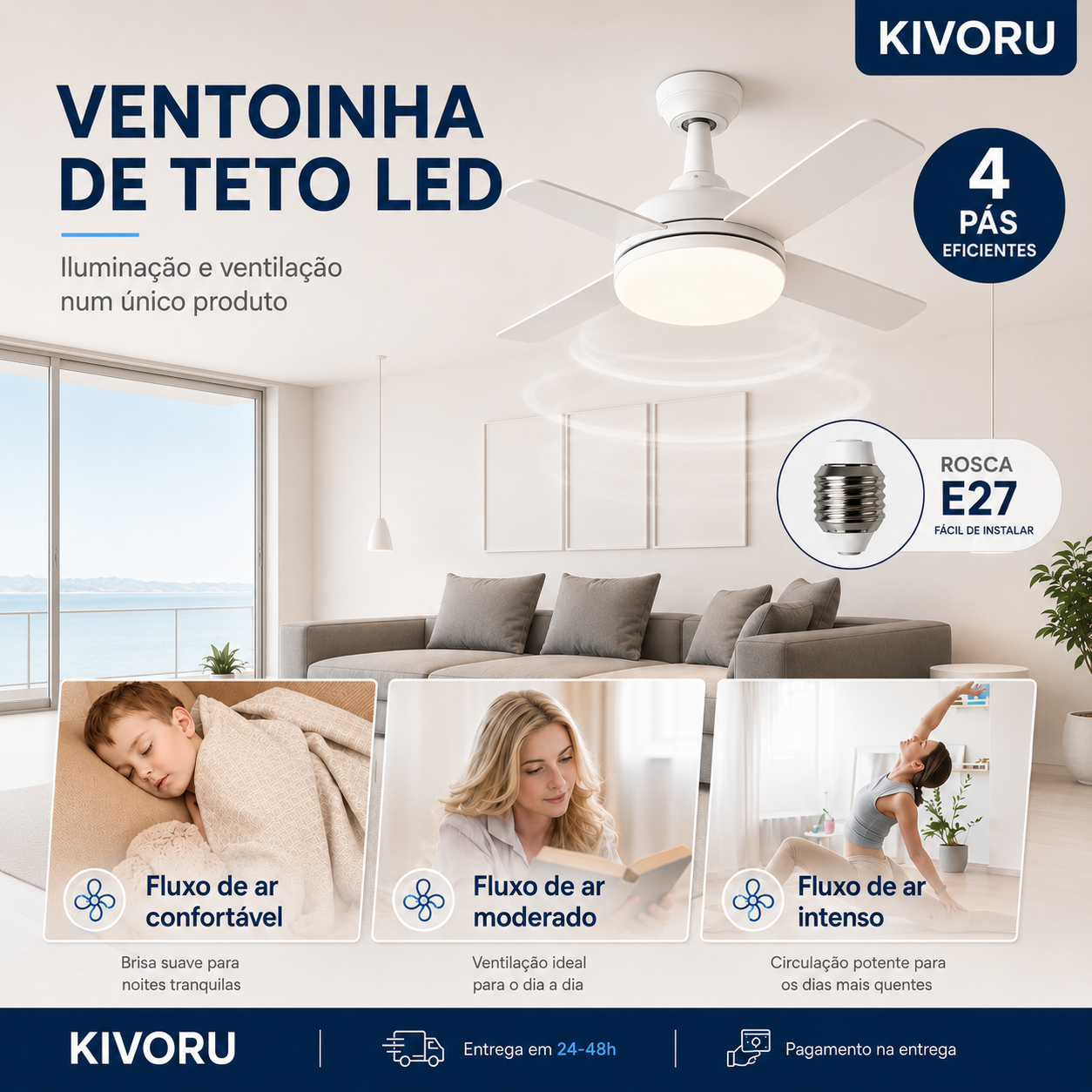 Ventilador de Teto com Luz LED e Comando